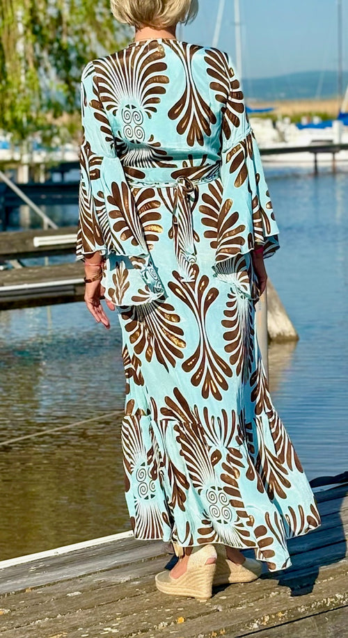 Seiden Maxidress Lisboa "Leaves" light blue brown