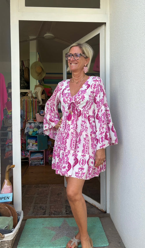 Seidendress short "Easy Doing" Print white/pink