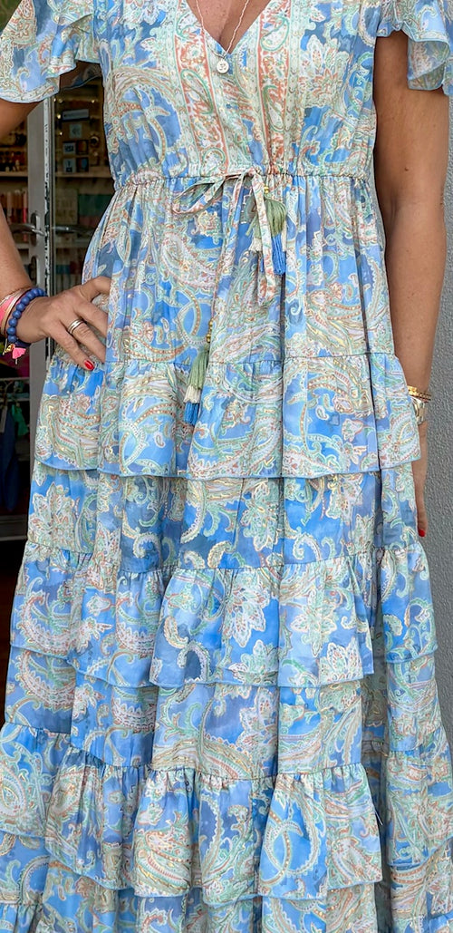 Seidendress lang "Volants" Blue Paisley