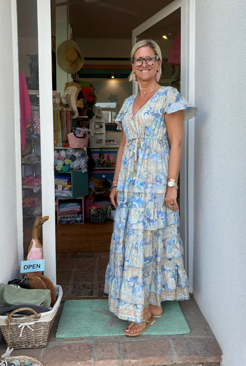 Seidendress lang "Volants" Blue Paisley