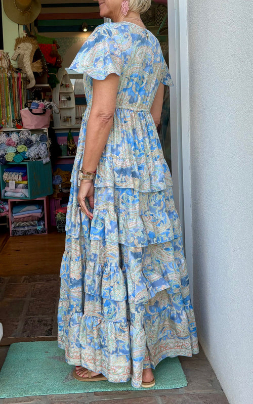 Seidendress lang "Volants" Blue Paisley