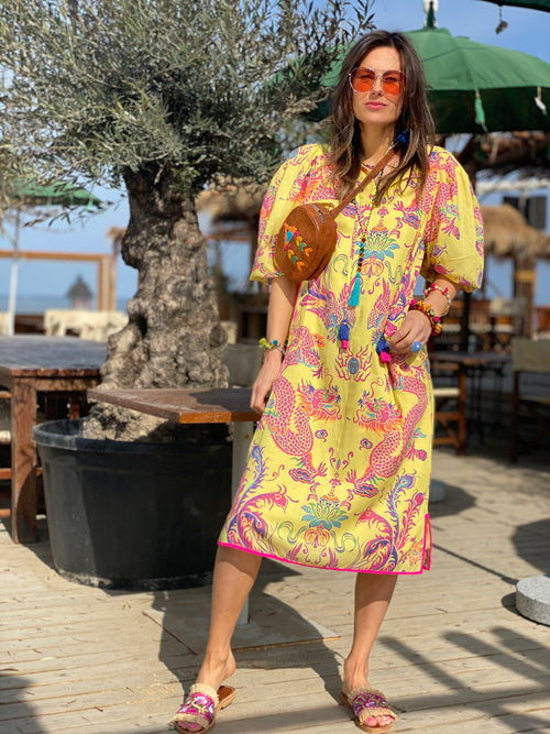 Midi Kleid Oriental Dragon yellow