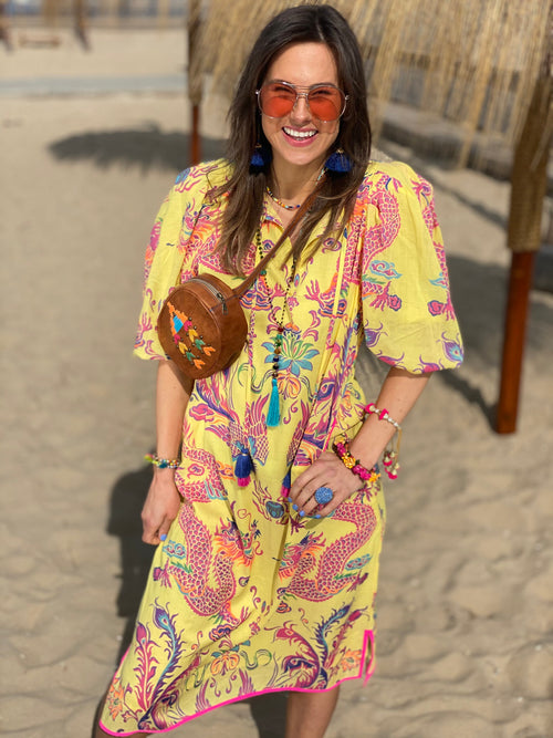 Midi Kleid Oriental Dragon yellow