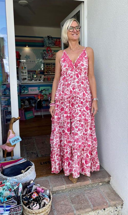 Seiden Maxidress Sicily white/coral