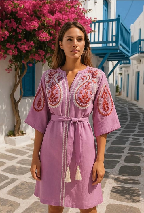 Short Linen Dress Areti Pink