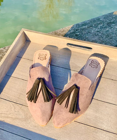 Leder Mules mit Quaste taupe/black