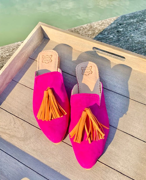 Leder Mules mit Quaste pink/orange