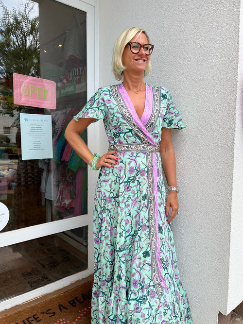 Seiden Wickeldress Jeanne turquoise/pink
