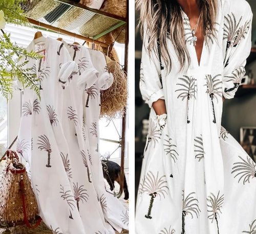 Kaftan Dress "Palmtree white/khaki