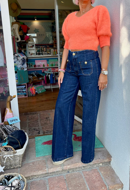 Flared Jean mit Goldknöpfen navy