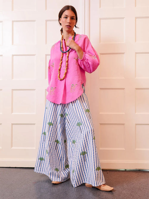 Hose Majoran Blue Stripes Palm Embroidery