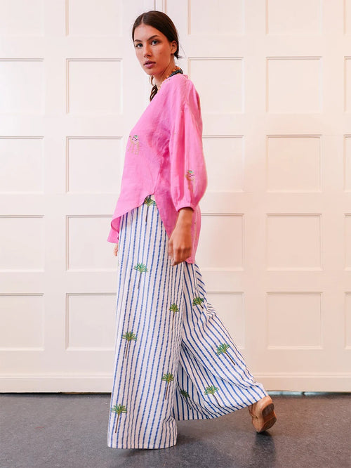 Hose Majoran Blue Stripes Palm Embroidery