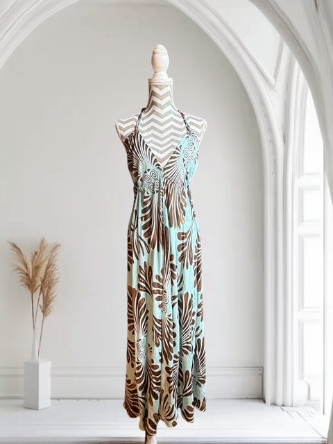 Seiden Dress Mare long "Leaves Abstract" light blue