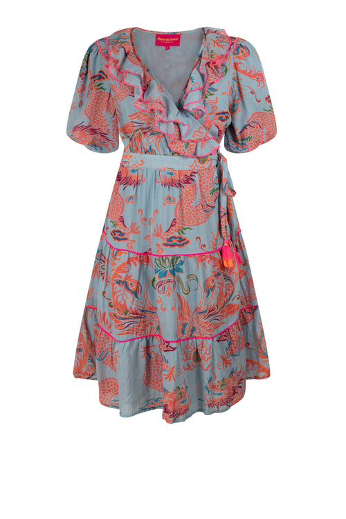 Wrap Dress Oriental Dragon blue