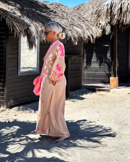 Boho Dress Sand/neon Coral