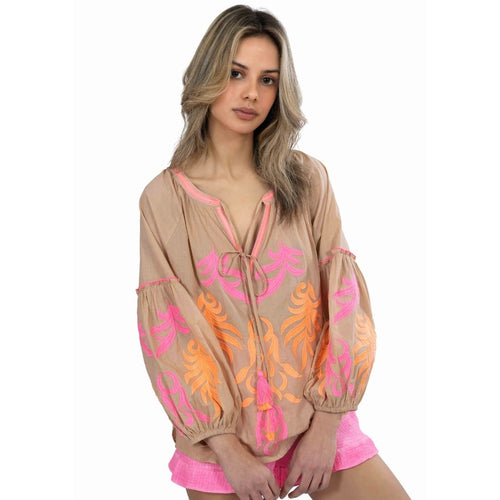 Blouse "Sky" coffee/neon coral/neon pink
