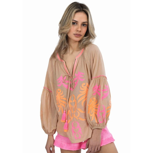 Blouse "Sky" coffee/neon coral/neon pink